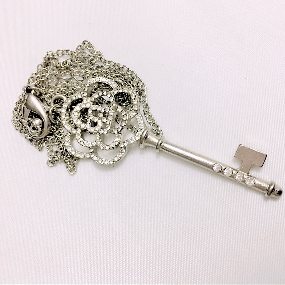 Silver Rhinestone Floral Key Necklace